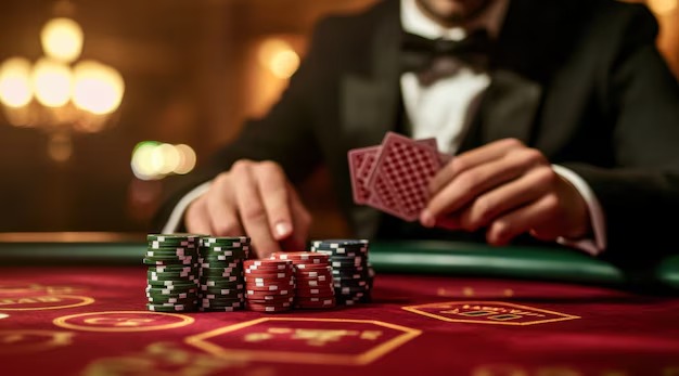Bandar Poker table with community cards, private cards, and bet chips arranged on felt